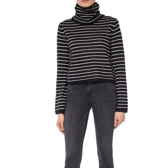 AllSaints Marty Black and White Striped Roll Neck Jumper - Picture 1 of 9
